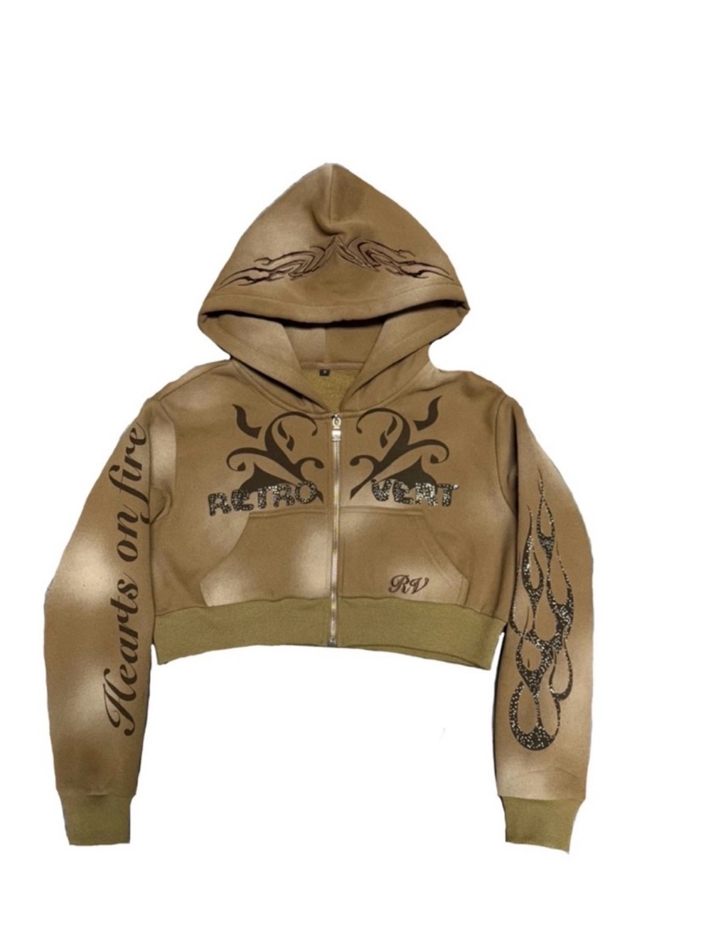 Retro Heart Cropped Hooded Jacket - Tan